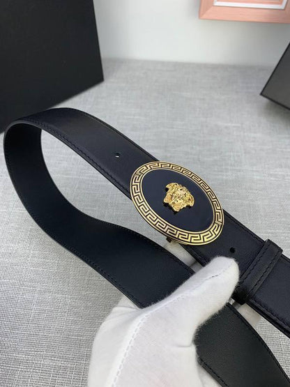 Versace Black Leather Vitello Belt Gold Medallion Buckle