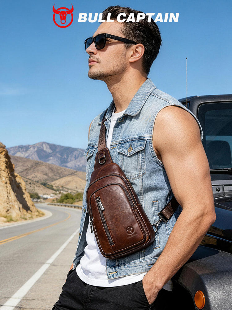 Mens Genuine Leather Crossbody Chest Bag