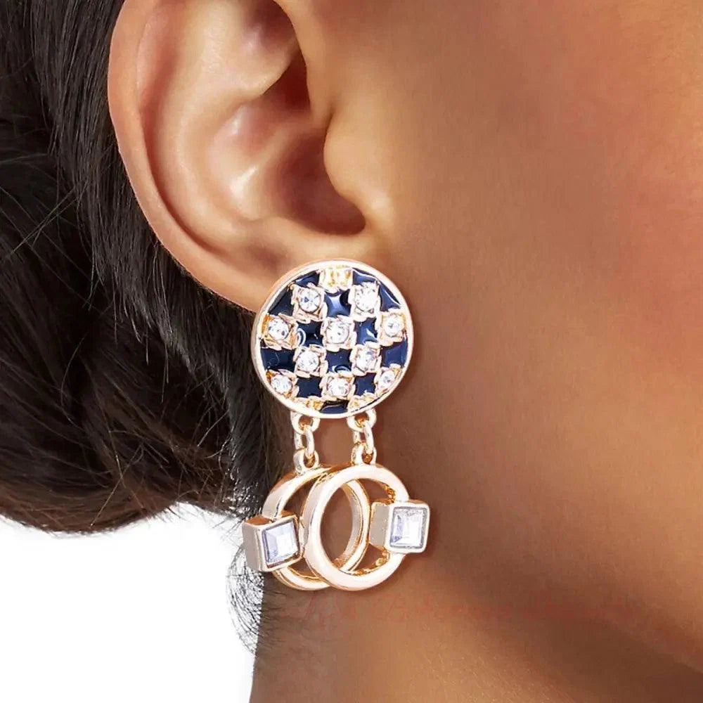 Black Checkerboard Round Stud Earrings with Drop Ring Detail