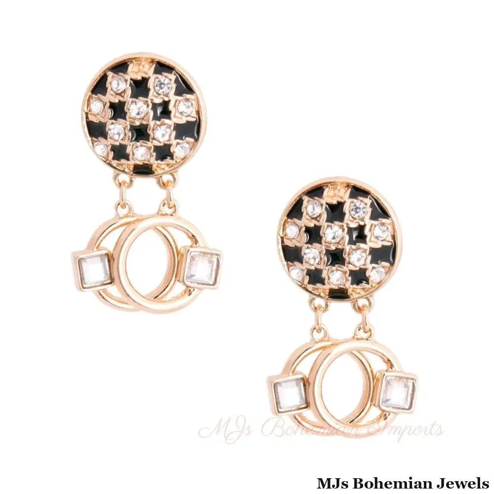 Black Checkerboard Round Stud Earrings with Drop Ring Detail