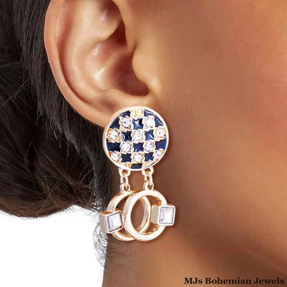 Black Checkerboard Round Stud Earrings with Drop Ring Detail