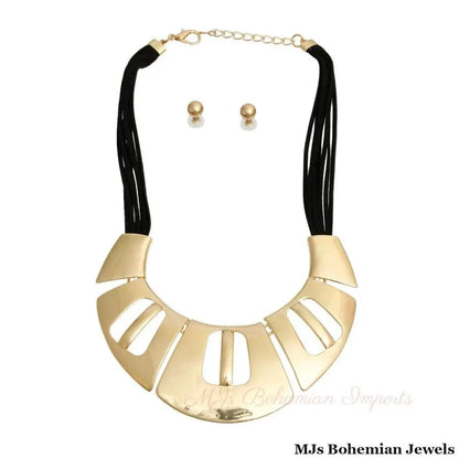 Black Leather Gold Collar Set