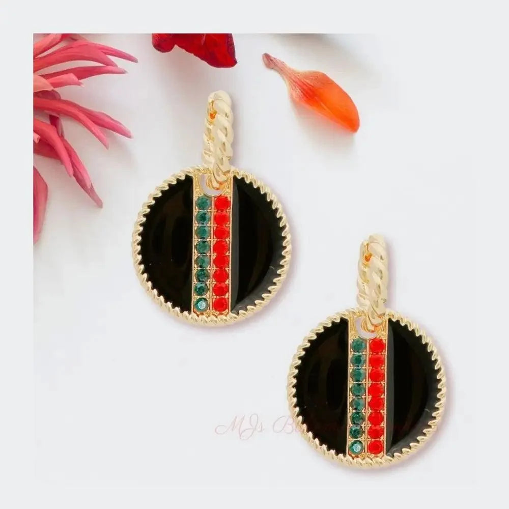 Black Epoxy Stripe Charm Twisted Gold Hoop Earrings