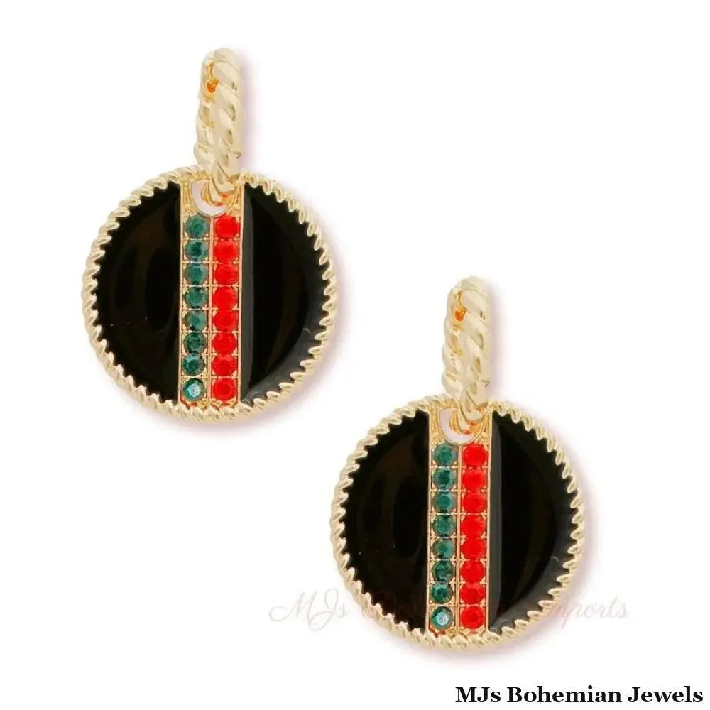Black Epoxy Stripe Charm Twisted Gold Hoop Earrings