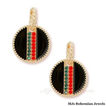 Black Epoxy Stripe Charm Twisted Gold Hoop Earrings