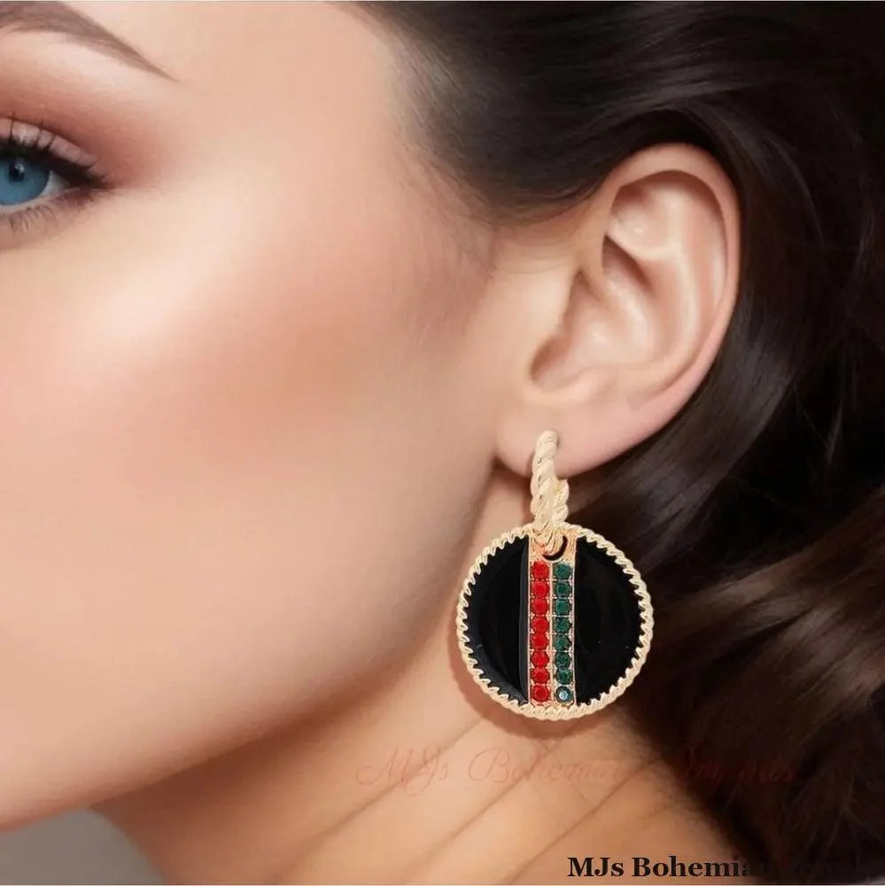 Black Epoxy Stripe Charm Twisted Gold Hoop Earrings