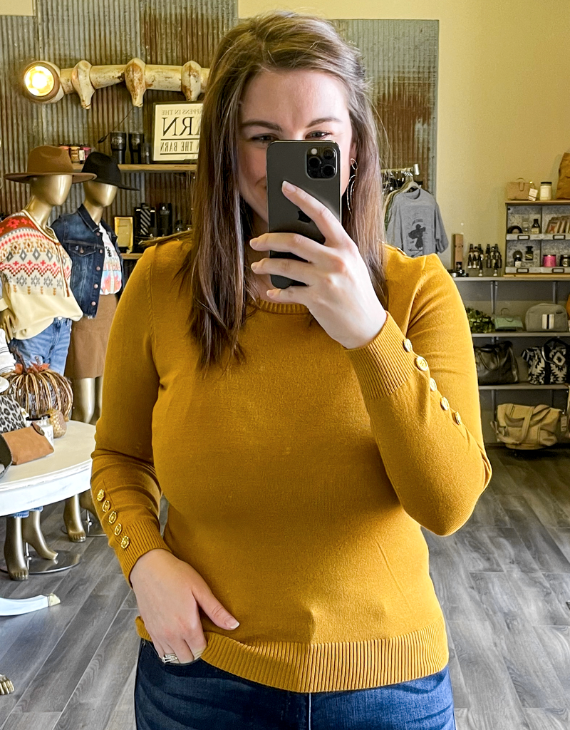 Button Shoulder &amp; Sleeve Sweater - Mustard