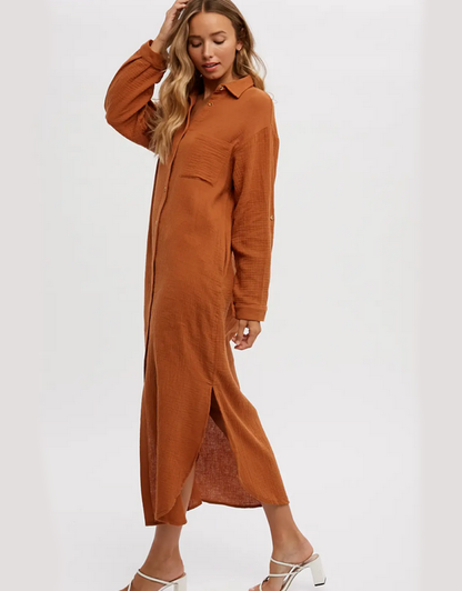 Button Up Maxi Shirt Dress With Pocket - Brick