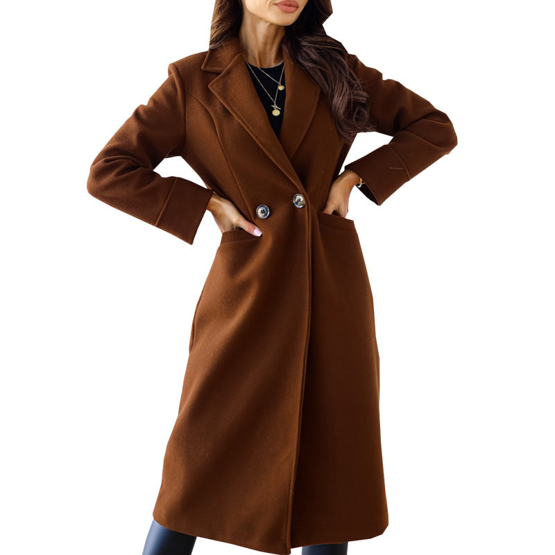 Womens Double Breasted Lapel Woolen Coat Solid Color Long Sleeve