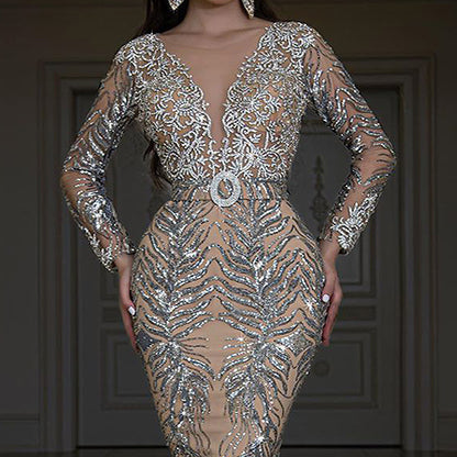 Long Sleeve Sexy Fishtail Evening Dress Bronzing Slim Fit Floor-Length Dress