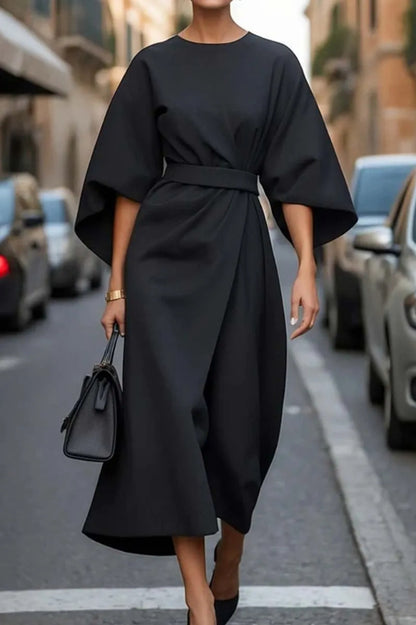 Womens Elegant Solid Color Waist-Cinching Batwing Sleeve Long Dress
