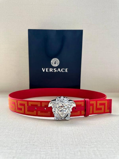 VERSACE La Medusa La Greca Belt In Red Silver