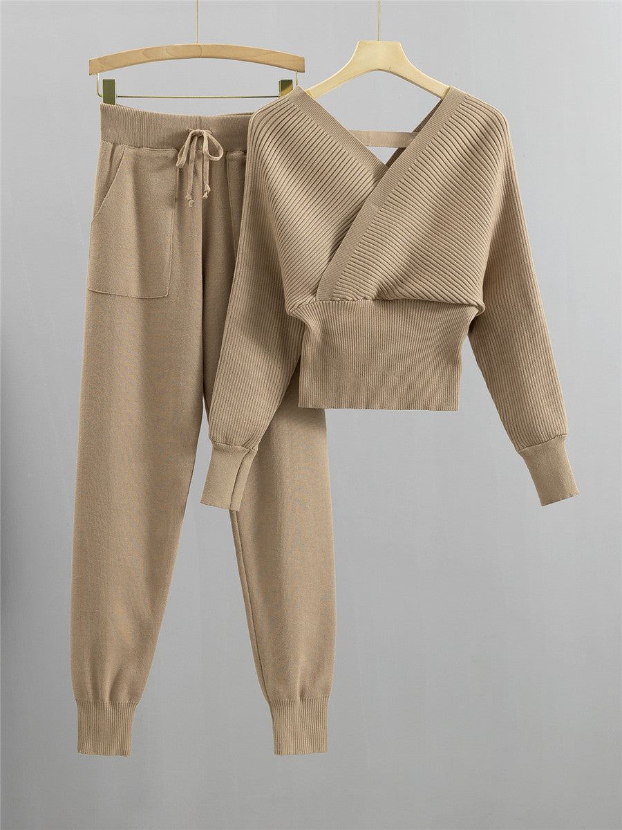 Women Double V Neck Off Shoulder Knitted Two Piece Suit