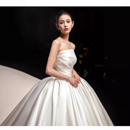 Court Satin Strapless Wedding Dress Long Train