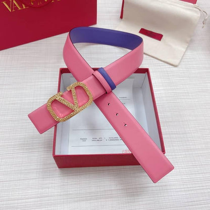 Valentino V logo Hammered Buckle Reversible Wide Signature Belt &
