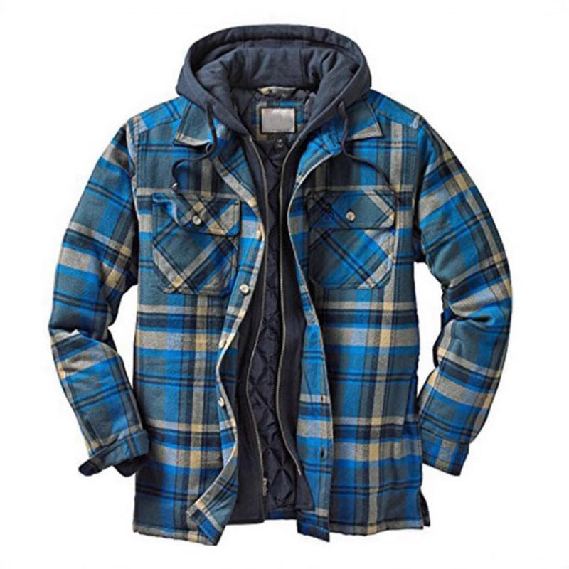 Mens Thickened Plaid Hooded Cotton Coat Long Sleeve Zipper Shirt Jacket