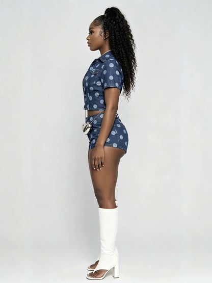 Printed Polka Dot Denim Two-Piece Set