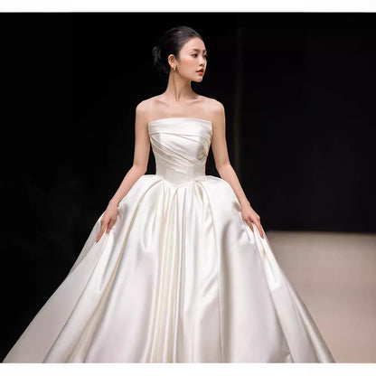 Court Satin Strapless Wedding Dress Long Train