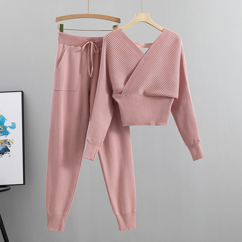 Women Double V Neck Off Shoulder Knitted Two Piece Suit