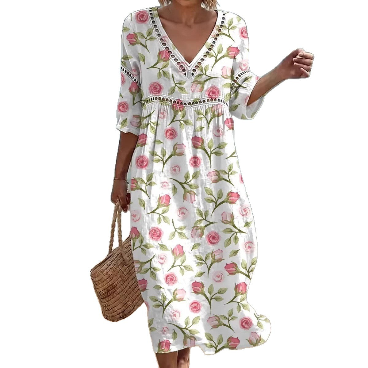 Womens V-Neck 3D Digital Print A-Line Midi Dress