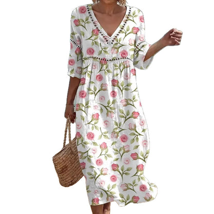 Womens V-Neck 3D Digital Print A-Line Midi Dress