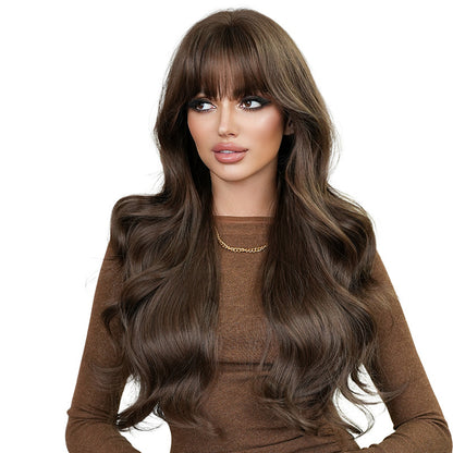 Long wavy hair with a natural topdoe of synthetic wig with a front fringe