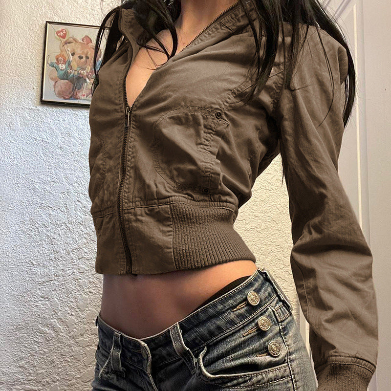 Vintage Brown High-Neck Slim-Fit Jacket