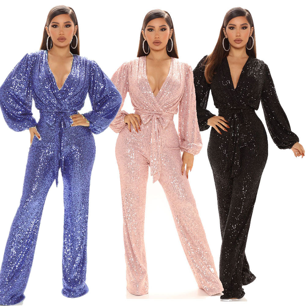 Womens Sequins V-Neck Wide Leg Pants