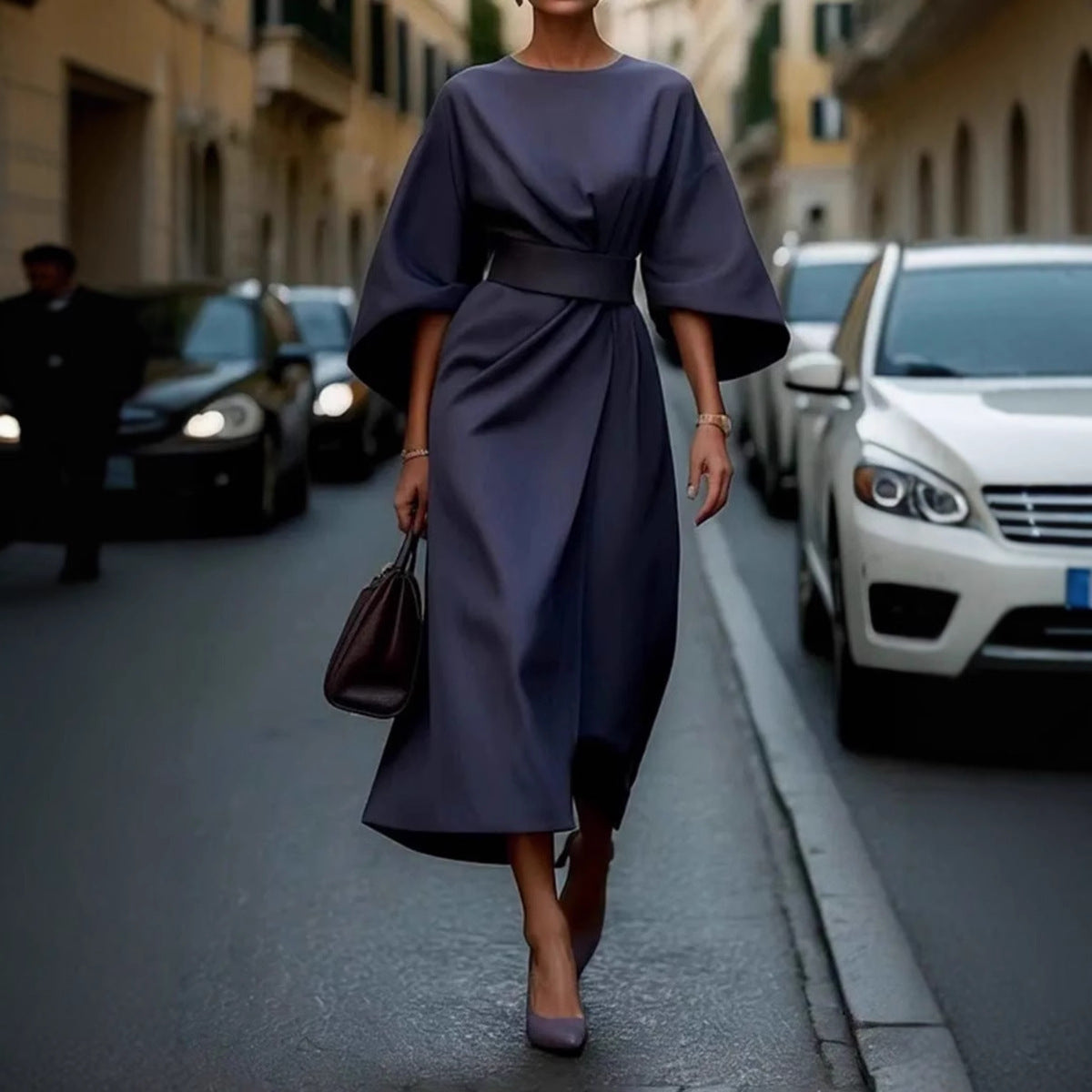 Womens Elegant Solid Color Waist-Cinching Batwing Sleeve Long Dress