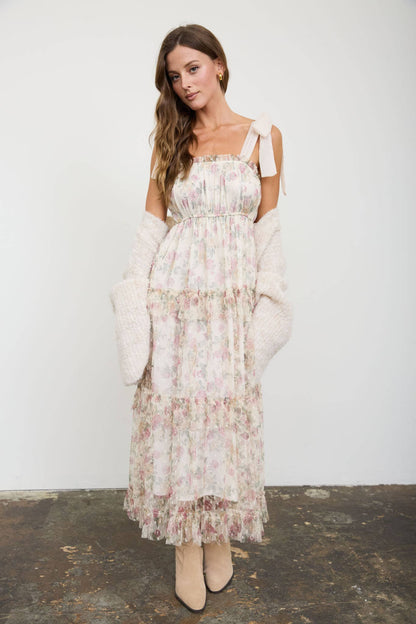 FLORAL CHIFFON TIE STRAP RUFFLED TIERED MIDI DRESS: OATMEAL MULTI