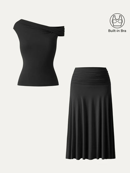 Off-Shoulder Slim Fit Dress Set with Built-in Padding