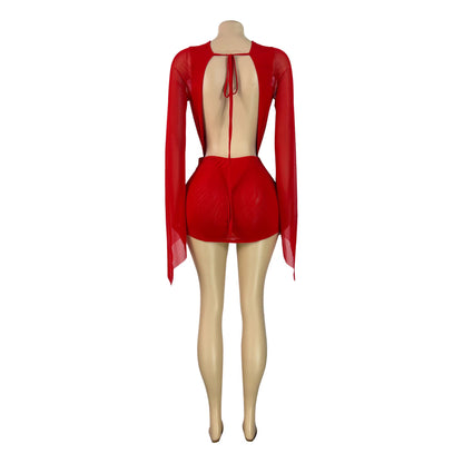 Mesh Deep V-Neck Open Back Bodycon Dress