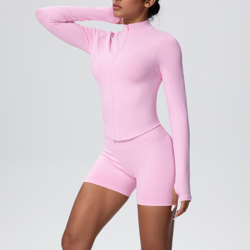 seamless solid color tight high elastic breathable zipper sports suit