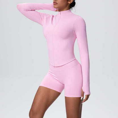seamless solid color tight high elastic breathable zipper sports suit