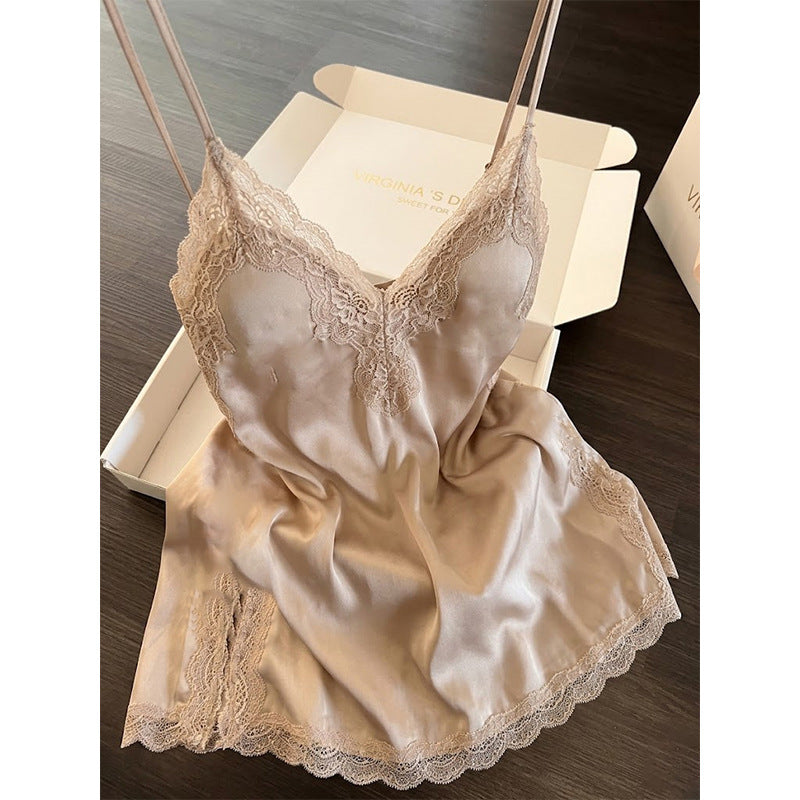 Sexy lace-embroidered V-neck halter nightgown