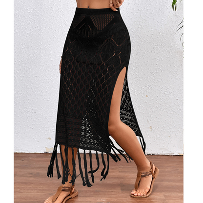 High-slit fringed skirt