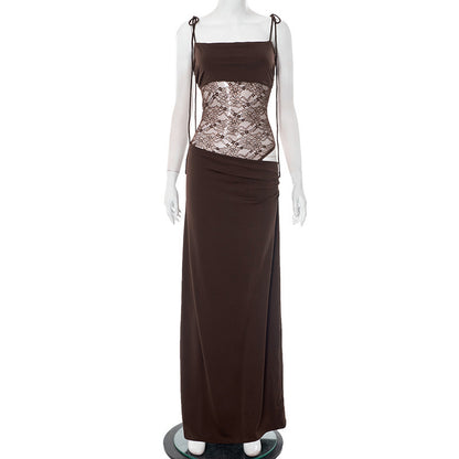 Women Summer Solid Color Lace Splicing Strap Dress