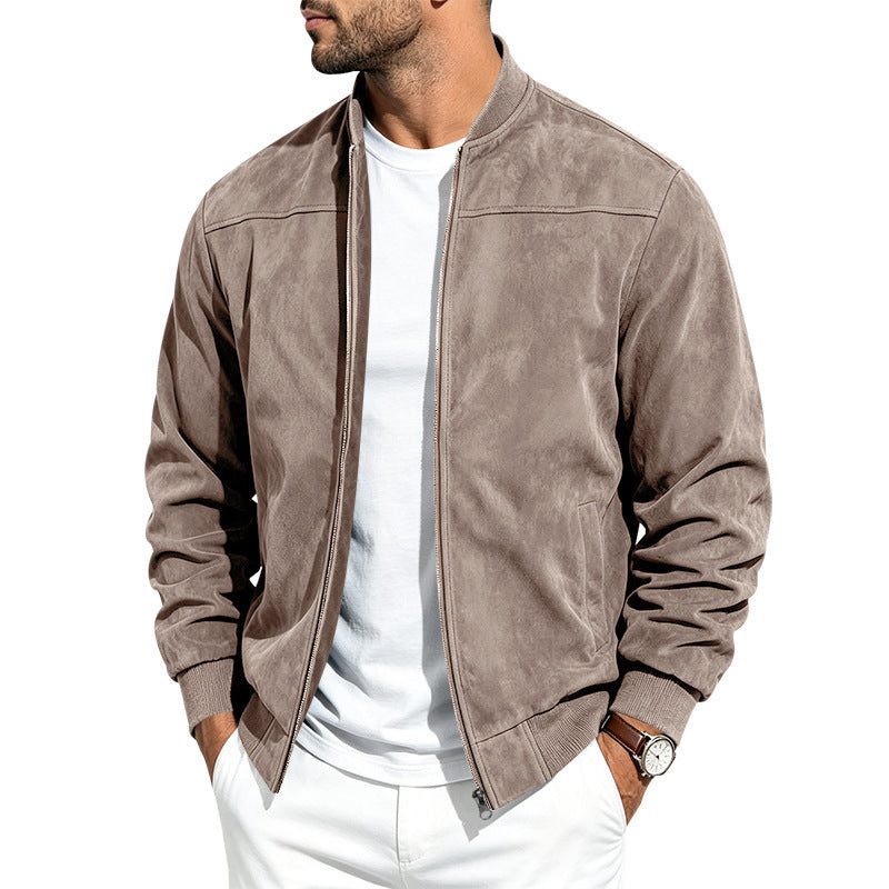 Men Casual Suede Zip Up Jacket Long Sleeve Outerwear