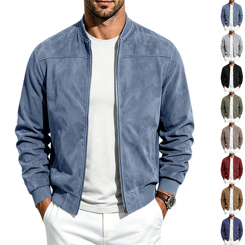Men Casual Suede Zip Up Jacket Long Sleeve Outerwear