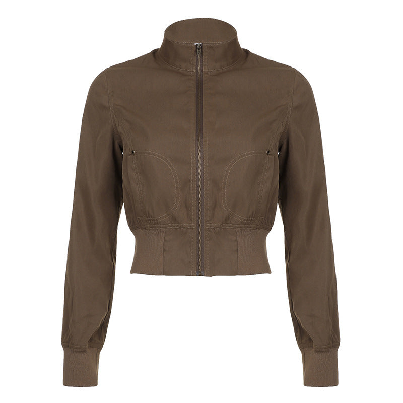 Vintage Brown High-Neck Slim-Fit Jacket