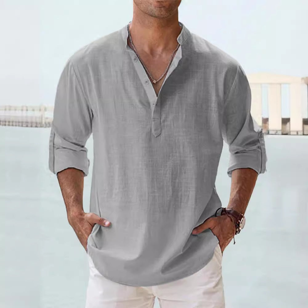 Mens Casual Stand Collar Long Sleeve Cotton Shirt