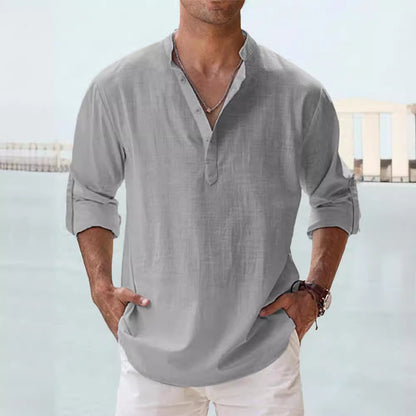 Mens Casual Stand Collar Long Sleeve Cotton Shirt