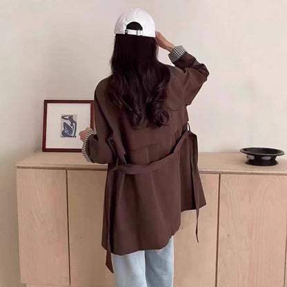 Cinched-waist mid-length trench coat