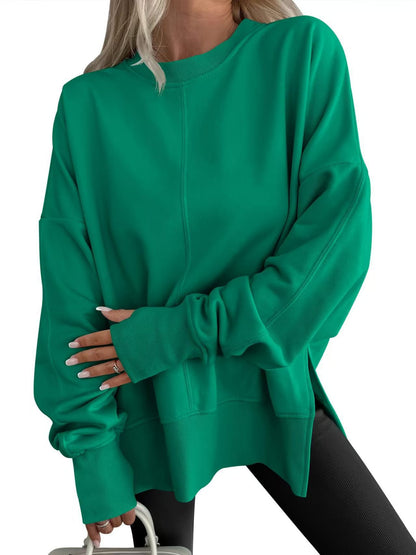 Womens Loose Bat Sleeve Side Slit Round Neck Fleece Lined Sweatshirt
