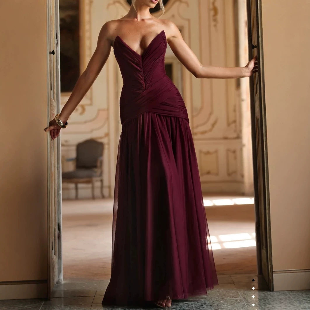 Womens Deep V-neck Mesh Evening Gown
