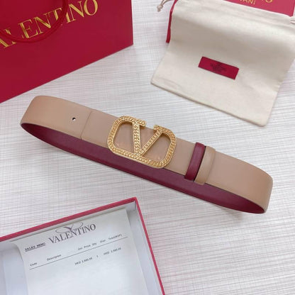 Valentino V logo Hammered Buckle Reversible Wide Signature Belt &