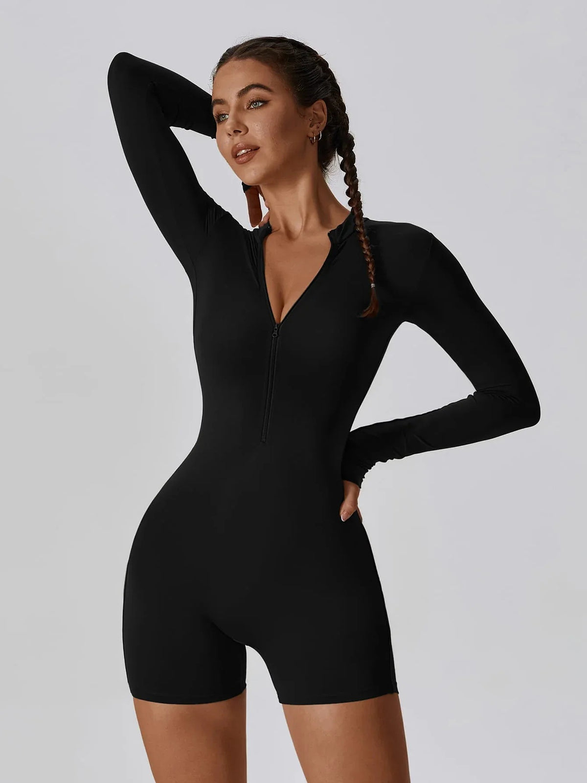 Jumpsuit Long-Sleeved Shorts with Open Collar and Zip-Up Sportswear Leggings
