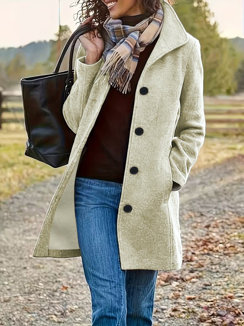 Women Solid Color Lapel Woolen Coat Long Winter Overcoat