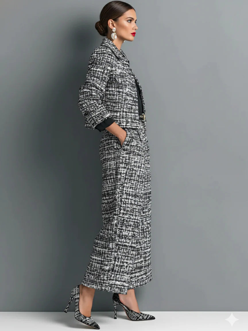 Women Lapel Short Jacket Wide Leg Pants Suit Two Piece Set