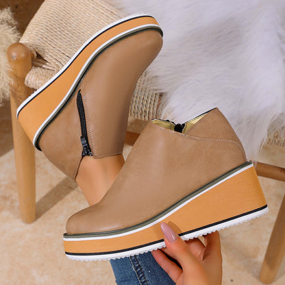Womens Wedge Heel Ankle Boots Side Zipper Pointed Toe Comfortable Short Boots
